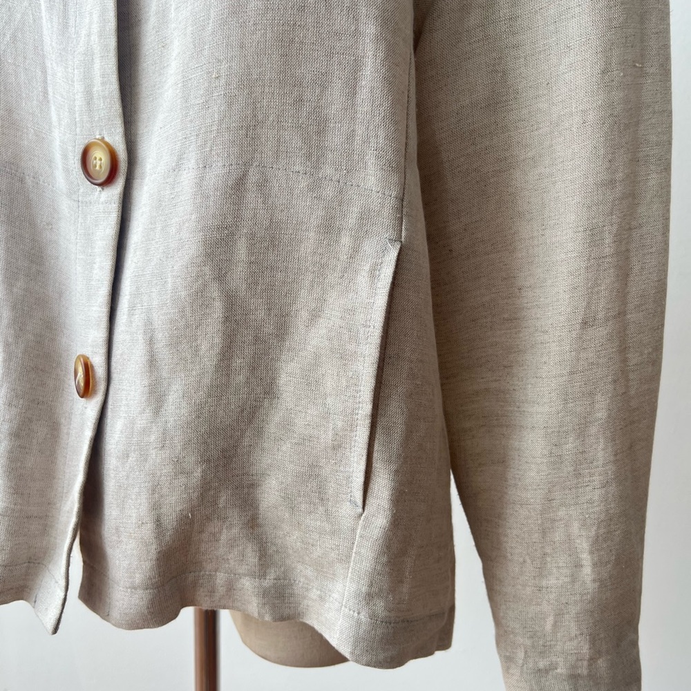 VINTAGE Linen Button V-Neck Beige Natural 3/4 Sleeve Top Womens Medium - Picture 3 of 9